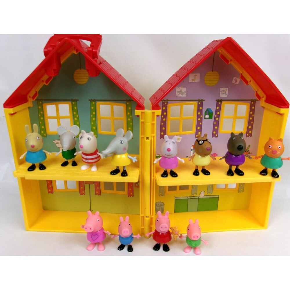 Peppa Pig Fold n Carry Yellow House Playset w 12 Figures Mom Dad George Friends